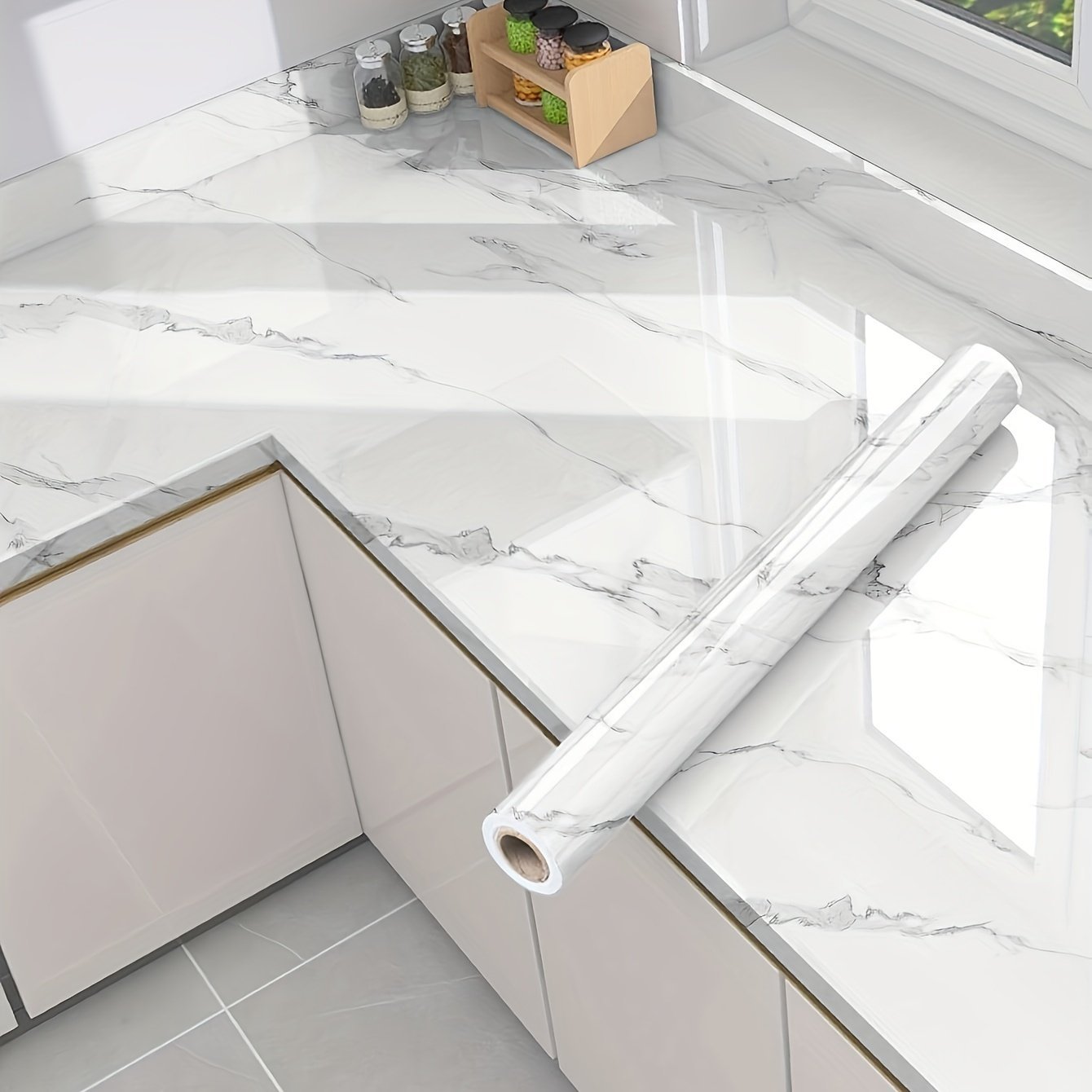 product-Fancyalgo-VirtualModelMatting-21154ed6dac7cbfaabc26cc1a9dd65c1.jpg 1 Roll Self-Adhesive Marble Texture Kitchen & Bathroom Wallpaper - Removable Peel & Stick Film With White/Gray/Black Marble Pattern, Glossy Finish, Easy Application For Countertops, Walls, Sinks, Shower Doors - Durable Surface Protector, Scratch &, Easy Clean, Peelable Film, Textured Surface, Seamless Matching, Suitable For Cabinets & Desks, Modern Marble Design - Image 1