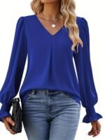 Long-Sleeve Dress Shirt With V-Neck And Loose Chiffon Top - Image 6