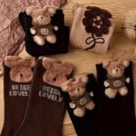 3 Pairs Women'S Mid-Calf Socks With Cartoon Bear & Floral Design - Ribbed, Soft Polyester Blend, Brown & Black, Perfect For Fall & Winter, Cute Socks - Image 5
