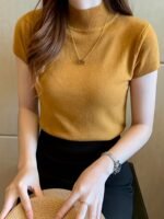 New Style Knitted Versatile Design Half-High Collar Short Sleeve Thin Pullover - Image 10