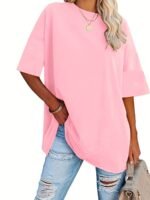 Plus Size Basic T-Shirt, Women'S Plus Plain Short Sleeve Round Neck Medium Stretch T-Shirt - Image 8