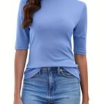 Women'S High-Neck Half-Sleeve Turtleneck T-Shirt - Stretchy Slim Fit Casual Top, Solid Black, Machine Washable For Spring/Fall Layering, Casual Attire Top, Versatile Fashion Top, Stretchy Fabric Top