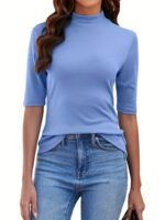 Women'S High-Neck Half-Sleeve Turtleneck T-Shirt - Stretchy Slim Fit Casual Top, Solid Black, Machine Washable For Spring/Fall Layering, Casual Attire Top, Versatile Fashion Top, Stretchy Fabric Top