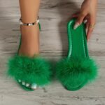 Women'S Fluffy Feather Slides, Solid Color Open Toe Single Band Flats, Casual Daily Slide Sandals - Image 4