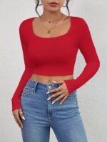 Squared Neck Cropped T-Shirt, Casual Long Sleeve Solid T-Shirt, Women'S Clothing - Image 5