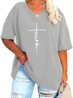 Plus Size - Women'S Plus Size V-Neck Casual T-Shirt - Short Sleeve, White With Black Letter Print, Lightweight Summer Tee For Casual Attire, Ladies T Shirts - Image 3