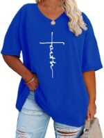 Plus Size - Women'S Plus Size V-Neck Casual T-Shirt - Short Sleeve, White With Black Letter Print, Lightweight Summer Tee For Casual Attire, Ladies T Shirts - Image 5