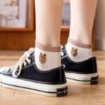 Five Pairs Women'S Cute Bear Socks - Soft Animal Pattern Short Socks In Beige, Brown, And White Stripes, Perfect For Casual Attire, Cute Socks - Image 5