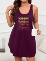 Plus Size Casual Lounge Dress, Women'S Plus Ombre Letter Print Racer Back Round Hem Tank Sleep Dress - Image 4
