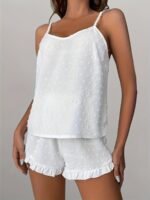 Women'S Plus Size Lace Trim Cami Pajama Set - Soft Polyester, Solid Color, Ruffled Detail, Comfortable Sleepwear For Spring/Summer/Fall, Relaxed Fit Pajamas | Ruffled Detail Clothing | Smooth Texture Fabric - Image 6