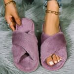 Women'S Plush Cross-Strap Slip-On Slippers With Non-Slip Eva Sole - All-Season Indoor/Outdoor House Shoes For Home, Postpartum & Casual Wear (Pink/White/Black/Lavender), Ladies Slippers, Soft Plush Design, Fabric Upper And Insole - Image 7