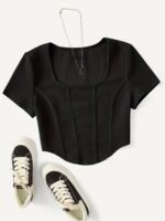 Solid Color Square Neck Bustier T-Shirt, Casual Short Sleeve Crop Knitted T-Shirt For Summer, Women'S Clothing - Image 2