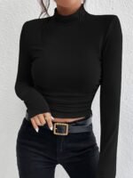 Women'S Elegant High-Neck Long Sleeve Turtleneck Top - Stretchy Slim Fit Black Shirt For Layering, All-Season Versatile Basic Wardrobe Staple
