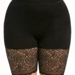 Plus Size - Women'S Plus Size High-Waisted Stretchy Lace Trim Shorts - Black Summer Casual Shorts With Floral Lace Detail, Comfort Fit For & Casual Attire, Shorts, Highwaisted Shorts, Highelasticity Fabric