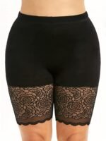 Plus Size - Women'S Plus Size High-Waisted Stretchy Lace Trim Shorts - Black Summer Casual Shorts With Floral Lace Detail, Comfort Fit For & Casual Attire, Shorts, Highwaisted Shorts, Highelasticity Fabric