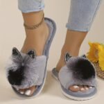 Women'S All-Season Slip-On Slippers With Plush Faux Fur Trim & Sparkling Embellishments - Soft Fabric Indoor House Shoes For Home, Lounge, Or Casual Wear, Cute Slippers, Loungewear Essentials, Playful Design, Durable Eva Sole - Image 2