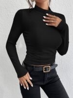 Women'S Elegant High-Neck Long Sleeve Turtleneck Top - Stretchy Slim Fit Black Shirt For Layering, All-Season Versatile Basic Wardrobe Staple - Image 3