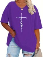 Plus Size - Women'S Plus Size V-Neck Casual T-Shirt - Short Sleeve, White With Black Letter Print, Lightweight Summer Tee For Casual Attire, Ladies T Shirts - Image 2