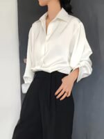 Elegant Long Sleeve Button-Up Blouse For Women - Chic Acetate Top With Lapel Collar, Solid Color, Perfect For Office Or Casual Wear, All-Season Comfort, Stylish Blouse | Classic Long Sleeve | Smooth Texture - Image 7