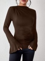 Solid Color Crew Neck T-Shirt, Casual Flare Sleeve T-Shirt For Spring & Fall, Women'S Clothing - Image 10