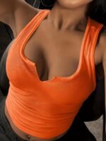 Women'S Fashionable Small V-Neck Tank Top - Light Blue, Ribbed, Notched Collar, Solid Color, Perfect For Spring/Summer/Fall, Casual Attire, Casual Wear|Vneck Top|Ribbed Texture - Image 9