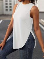 Solid Crew Neck Tank Top, Casual Sleeveless Split Top, Women'S Clothing - Image 3