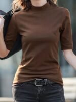 Women'S Chic High Neck Turtleneck T-Shirt - Solid Color, Polyester, Knit Fabric, Regular Sleeve, Spring/Fall Fashion Top - Image 3