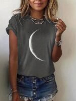 Moon Print Crew Neck T-Shirt, Casual Short Sleeve T-Shirt For Spring & Summer, Women'S Clothing - Image 3