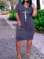 Plus Size 'Faith' Letter Print Short Sleeve Midi Dress With Pockets, Women'S Plus Slight Stretch Casual Dress - Image 7
