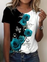 Rose Print Color Block T-Shirt, Casual Crew Neck Short Sleeve T-Shirt, Women'S Clothing - Image 3
