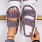 Women'S Double Straps Plush Slippers, Solid Color Open Toe Non Slip Comfy Slides Shoes, Fashion Indoor Platform Slippers - Image 13
