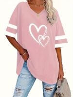 Women'S Casual V-Neck Short Sleeve T-Shirt - Royal Blue With White Heart Print, Breathable Fabric, Machine Washable For Spring Summer Fall, Seasonal Fashion, Striped Detailing, Relaxed Fit Shirt - Image 7