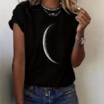 Moon Print Crew Neck T-Shirt, Casual Short Sleeve T-Shirt For Spring & Summer, Women'S Clothing