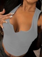 Women'S Fashionable Small V-Neck Tank Top - Light Blue, Ribbed, Notched Collar, Solid Color, Perfect For Spring/Summer/Fall, Casual Attire, Casual Wear|Vneck Top|Ribbed Texture