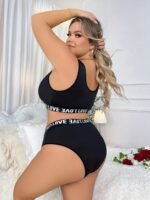 Women'S Plus Size Lingerie Set - Black High-Neck Crop Top With Bold "Love" Print, Stretchy & Form-Fitting, Perfect For Adult Casual Attire, Intimate Apparel | Formfitting Design | Stretchy Fabric - Image 2