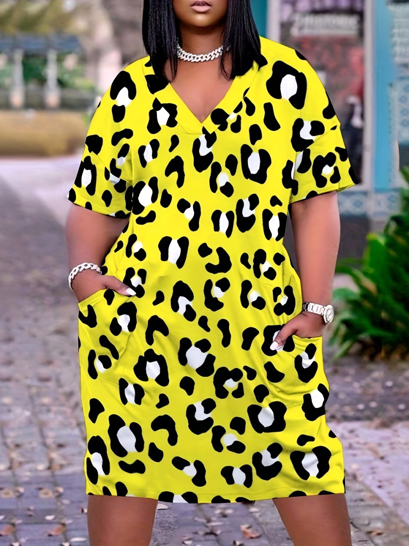 product-Fancyalgo-VirtualModelMatting-3fafbc10fe6e3afd2fb4162bdf14173d.jpg Plus Size 'Faith' Letter Print Short Sleeve Midi Dress With Pockets, Women'S Plus Slight Stretch Casual Dress - Image 1