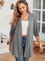 Elegant Plus Size Women'S Cardigan - Chic Solid Color, Half Sleeve, Open Front With High Stretch Fabric, Perfect For Fall/Winter - Machine Washable, Plus Size Cardigan - Image 3