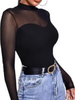 Mesh Panel Mock Neck T-Shirt, Casual Long Sleeve Top, Women'S Clothing - Image 4