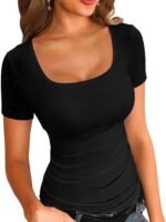 Solid Color Square Neck T-Shirt, Casual Short Sleeve Slim T-Shirt For Spring & Summer, Women'S Clothing