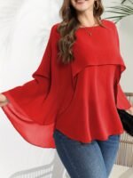 Women'S Plus Size Elegant Crew Neck Shirt, Solid Color Polyester 100%, Non-Stretch Woven Fabric, Versatile Blouse For Spring/Summer/Fall - Image 3