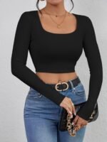Women'S Sexy Boat Neck Crop Top Long Sleeve High Elasticity Slim Fit Solid Color All-Season Versatile Casual To Evening Wear, Sensual Women'S Wear, Smooth Texture Cloth - Image 2