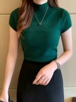 New Style Knitted Versatile Design Half-High Collar Short Sleeve Thin Pullover - Image 3