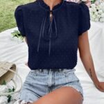 Elegant Deep V-Neck Lace-Up Blouse For Women - Chic Solid Color Shirting Style With Eyelet Detail, Versatile For All Seasons