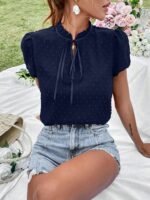 Elegant Deep V-Neck Lace-Up Blouse For Women - Chic Solid Color Shirting Style With Eyelet Detail, Versatile For All Seasons