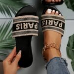 Women'S Paris Letter Print Flying Woven Slip-On Slippers - Breathable Fabric Upper & Lining, Cushioned Pu Sole, Open-Toe Summer Sandals With Back Strap For Casual Comfort, Comfortable Wear | Trendy Footwear | Durable Footbed, Ladies Slippers - Image 2