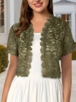 Women'S Elegant Yellow Lace Short Sleeve Cardigan - Sheer V-Neck, Short Length, All-Season Wear, Perfect For Formal Events And Casual Attire, Formal Attire|Elegant Lace Design|Sheer Fabric, Lace Coverup - Image 6