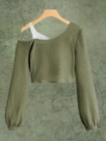 Elegant Light Blue Off-Shoulder Lace Trim T-Shirt - Floral Print, Long Sleeve, Ribbed Texture, Machine Washable - Chic Spring & Autumn Women'S Top - Image 7