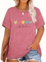 Plus Size Casual T-Shirt, Women'S Plus Heart & Slogan Print Short Sleeve Round Neck Medium Stretch T-Shirt