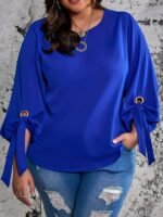 Plus Size Casual Top, Women'S Plus Solid Lantern Sleeve Round Neck Round Hem Knot Tunic Top - Image 10