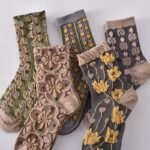 5-Pack Women'S Mid-Calf Socks - Embossed Floral & Lace Design, Breathable Ribbed Cuffs, Assorted Colors (Olive Green, Grey, Black, Brown, Navy) For Casual & Dressy Occasions - Image 3
